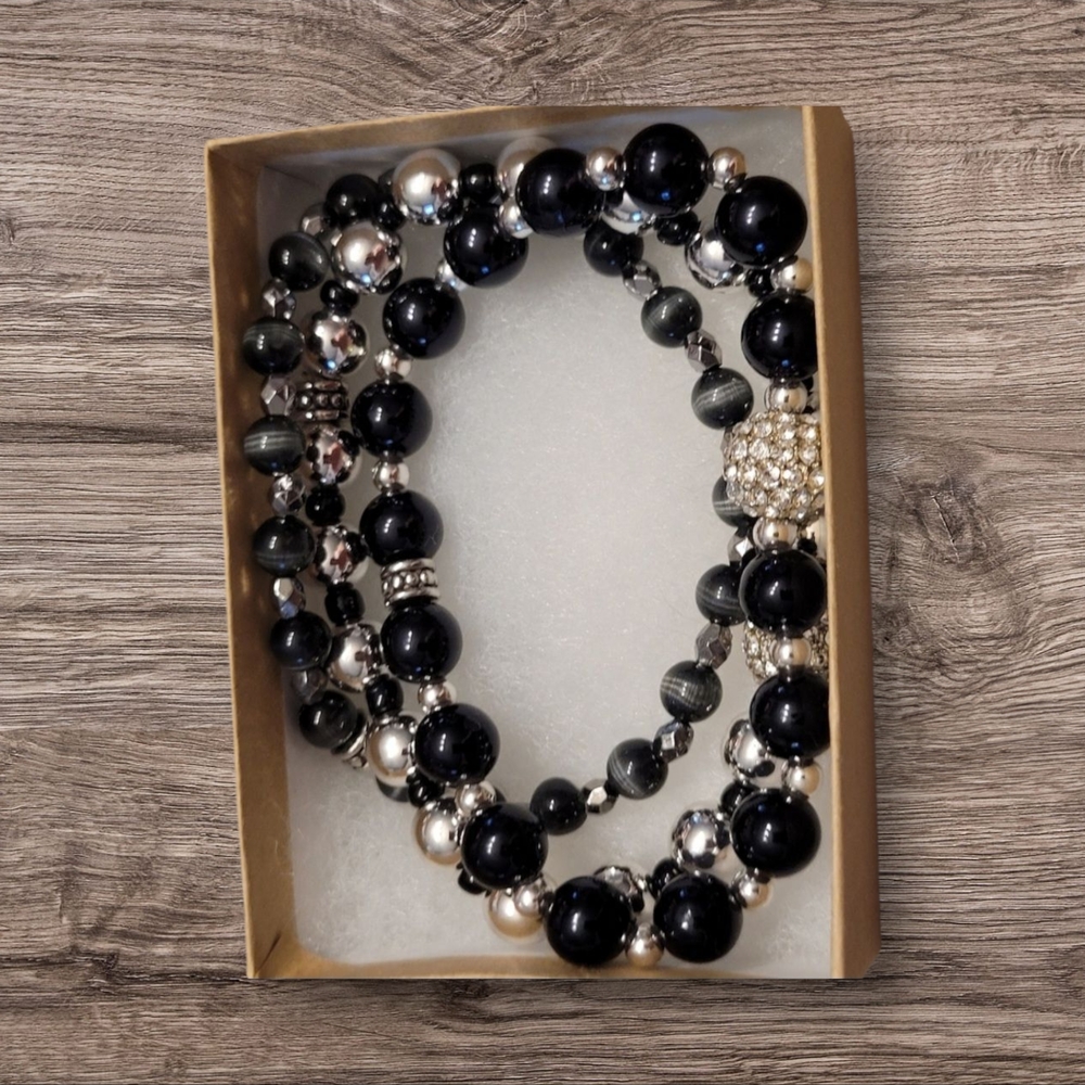 Elegant Black and Silver Beaded Bracelets